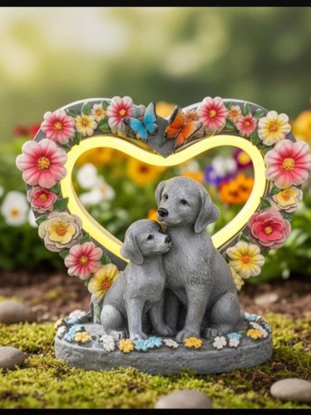 Solar Dog Garden Statue Light Heart Flowers Puppy Outdoor Memorial Decor NEW - Picture 3 of 7